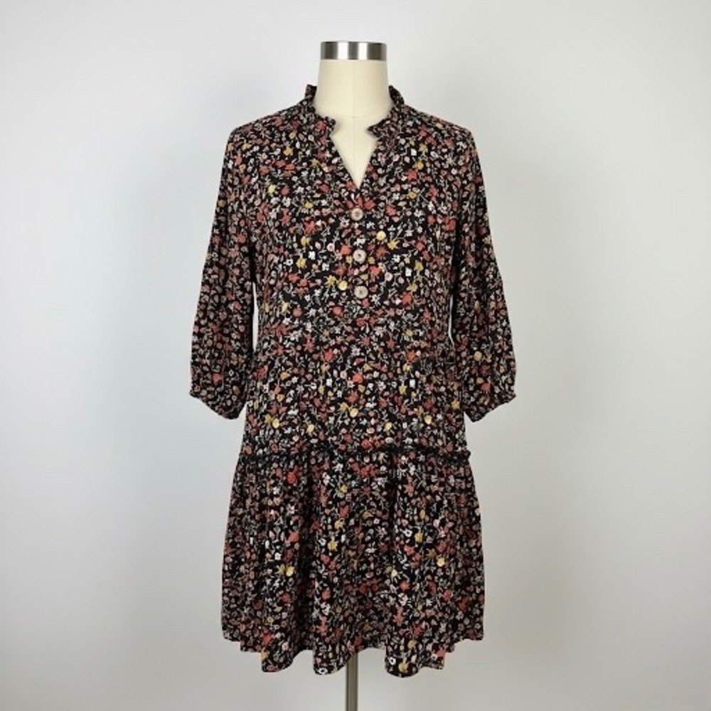 J Gee Black Floral Print Tiered Mini Dress Womens Size Small Rayon Prairie